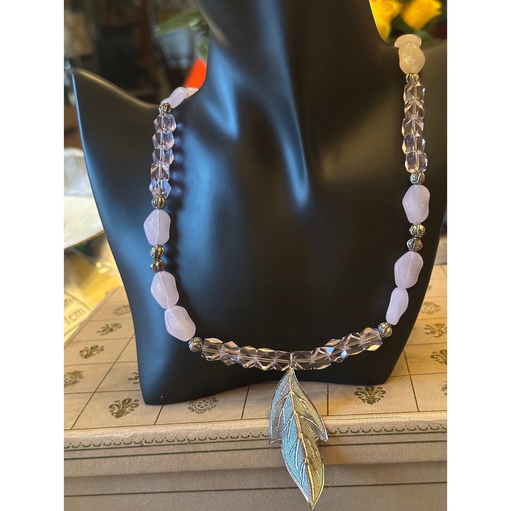 Handmade Rose Quartz Lavender Beaded Necklace Silver Leaf Pendant Pink Crystal